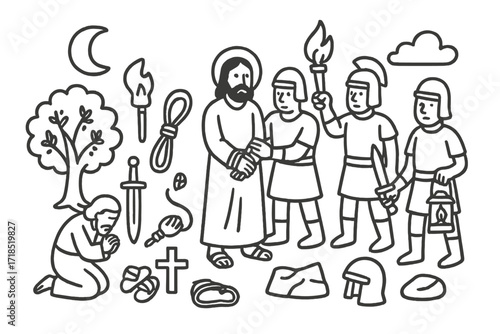 Jesus' Arrest Doodle. Hand-drawn doodle illustration Jesus arrested olive tree, soldiers, rope, sword, shield, helmet, lantern, torch, kneeling figure, star,