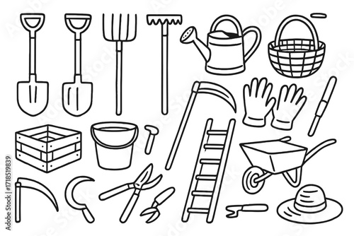 Farm Tools Collection. Farm tools. Hand-drawn doodle illustration farm tools shovels, rakes, hoes, watering cans, baskets, buckets, gloves, scythes, crates,