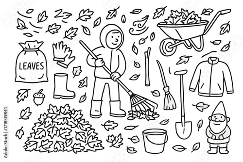 Autumn Cleanup Doodles. Hand-drawn doodle illustration [Raking Leaves] [rake, leaf bag, leaves in air, wheelbarrow, gloves, boots, hoodie, pile of leaves,