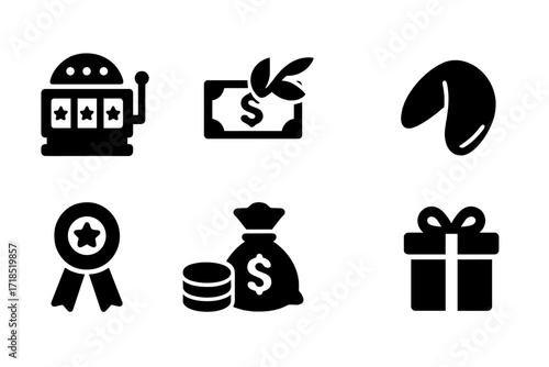 Fortune Icons Grid. Solid, filled icon set of fortune concepts: jackpot, windfall, jackpot coins, fortune cookie, lottery ticket, prize ribbon, money bag, gift