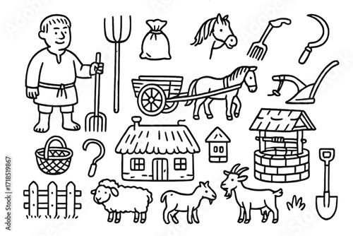 Medieval Peasantry Icons. Hand-drawn doodle illustration medieval peasantry villager, tunic, cart, horse, sack of grain, pitchfork, sickle, plow, basket,