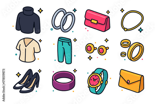 Stylish Jewelry Icons. Colorful isometric vector icons set of jewelry with minimalist outfits: black turtleneck, silver hoop earrings, sleek clutch, delicate