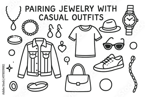 Casual Jewelry Style. Hand-drawn doodle illustration Pairing jewelry with casual outfits [necklace, bracelet, earrings, watch, ring, denim jacket, t-shirt,