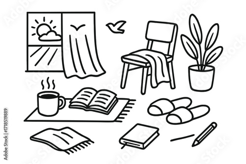 Cozy Morning Doodle. Hand-drawn doodle illustration cozy morning light steaming mug, open book, slippers, rug, window, curtain fold, chair, plant, soft rays,