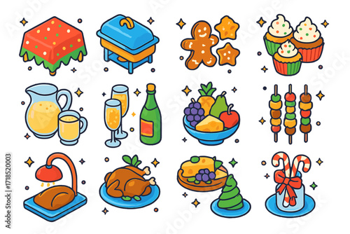 Holiday Buffet Icons. Colorful isometric vector icons set of holiday buffet decor: festive tablecloth, food warming tray, gingerbread cookies,