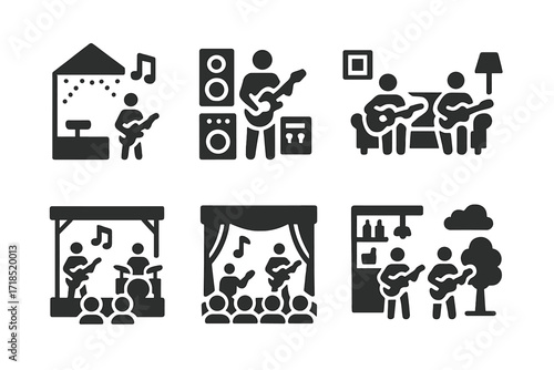 Jam Session Venue Icons. Solid, filled icon set of jam session venues: club, studio, living room, basement, festival stage, bar, concert hall, park. Solid,
