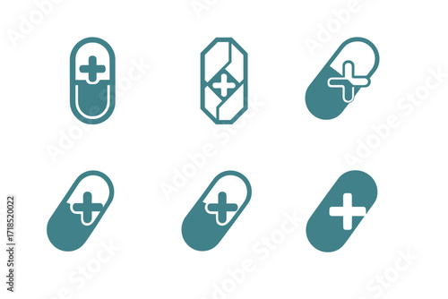 Innovative Pill Logos. Medical Innovation. Set Logo of Medical Innovation: Pill capsule. harmonious logo variations of the same emblematic concept, each with