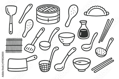 Asian Cuisine Utensils. Hand-drawn doodle illustration [Asian cuisine utensils] [wok spatula, bamboo steamer, rice paddle, dumpling press, sushi mat, noodle