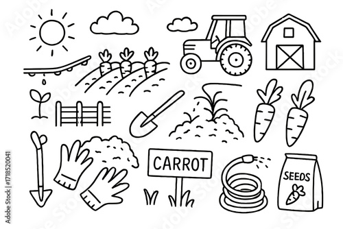 Carrot Farming Icons. Hand-drawn doodle illustration Carrot farming [farm field, rows of crops, tractor, seedling, irrigation line, sun, barn, hoe, fence,