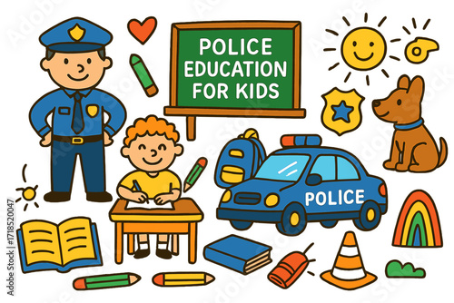 Police Education Doodle. Colorful Hand-drawn doodle Children illustration Police education for kids [police officer, chalkboard, book, pencil, school desk,