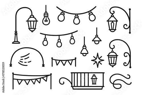 Decorative Street Lighting Icons. Hand-drawn doodle illustration Meadow Picnic basket, blanket, sandwiches, apples, juice bottle, ants, butterflies, grass,