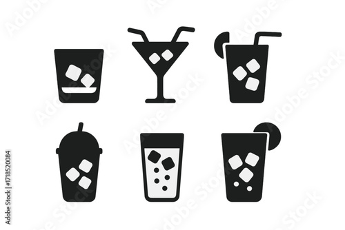 Ice Drink Icons. Solid, filled icon set of ice uses in drinks: whiskey on ice, cocktail with ice, iced coffee, iced tea, smoothie with ice, cold water glass,
