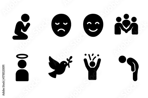 Ceremonial Emotion Icons. Solid, filled icon set of ceremonial emotions and moods: reverence, solemnity, joy, unity, spirituality, peace, celebration, respect.
