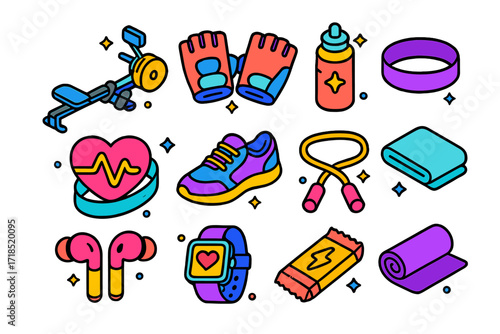 Rower Workout Gear Icons. Colorful isometric vector icons set of rower workout gear: rowing machine, grip gloves, water bottle, sweatband, heart rate monitor,