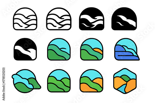 Morning Fog Logo Set. Set Logo of Morning Fog: Fog drifting through hills. Logo set in vector style, emblematic variations. line, bold thick line, solid black