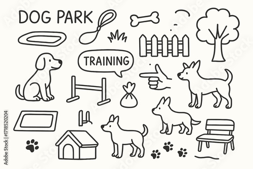 Dog Park Doodle. Hand-drawn doodle illustration Dog Park Training leash, grass patch, dog toy, tree, fence, training pad, sitting dog, jump obstacle, fellow