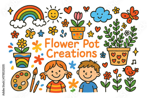 Children's Colorful Pot Creations. Colorful Hand-drawn doodle Children illustration Flower Pot Creations painted pots, rainbow, smiling children, paint