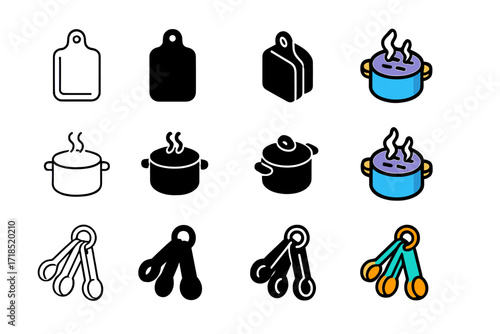 Playful Kitchen Icons. Icon Set of Food Preparation: Cutting board, Steamer pot, Measuring spoon. Icons set in vector style, emblematic variations. Cutting