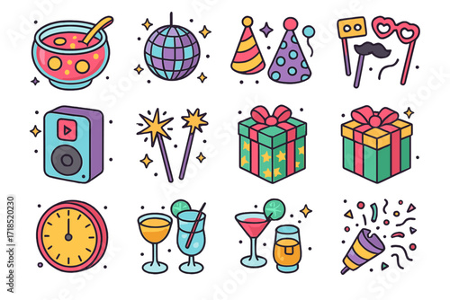 Holiday Party Icons. Colorful isometric vector icons set of holiday party fun: punch bowl, disco ball, party hats, photo booth props, playlist speaker,