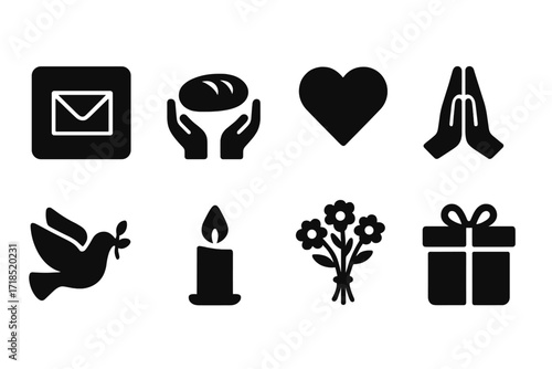 Black Icon Gratitude Set. Solid, filled icon set of bread and gratitude: thank you note, hands holding bread, heart symbol, blessing hands, peace dove, candle