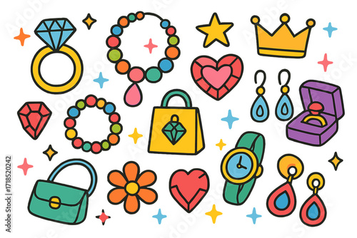 Colorful Jewelry Doodles. Jewelry. Colorful Hand-drawn doodle Children illustration diamond ring, necklace, earrings, bracelet, crown, star, heart, jewelry
