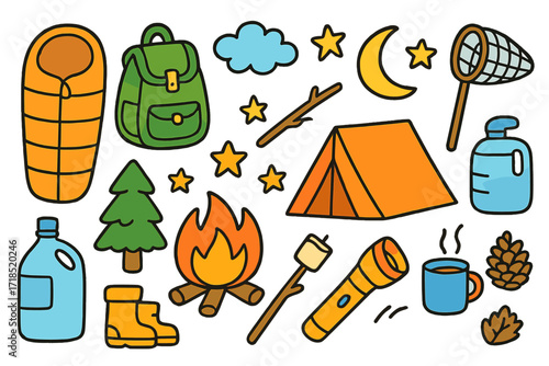 Camping Doodle Adventure. Colorful Hand-drawn doodle Children illustration Outdoor Camping sleeping bag, backpack, campfire, stars, moon, tent, marshmallow