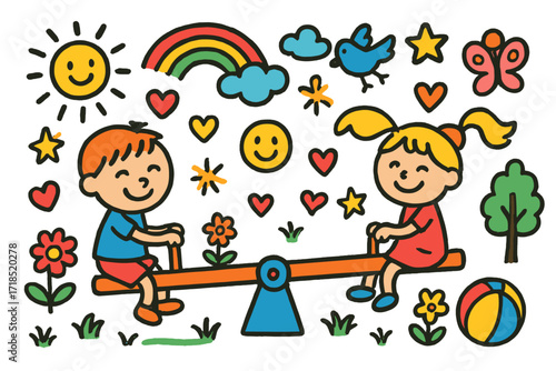Playful Seesaw Doodle. Colorful Hand-drawn doodle Children illustration Seesaw Seat Fun [seesaw, child, playground, tree, flower, bird, butterfly, heart, star,