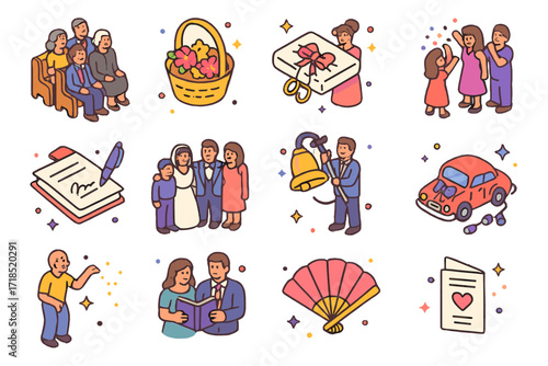 Wedding Icons Extravaganza. Colorful isometric vector icons set of Wedding guests and traditions: family in pews, flower girl basket, ring bearer pillow,