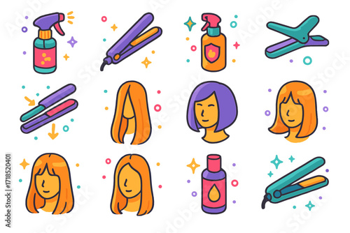 Hair Straightening Icons. Colorful isometric vector icons set of straightening process: detangler spray, flat iron, heat protection spray, sectioning clip,