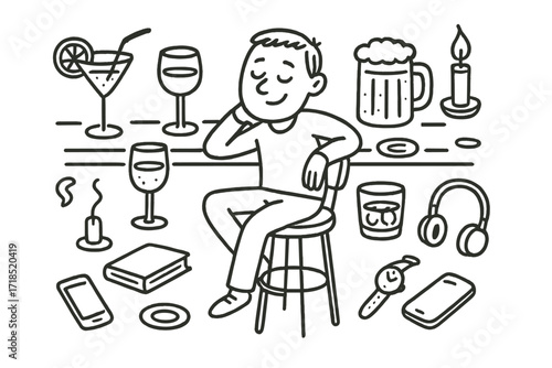 Bar Essentials Doodle. Relaxing at the bar. Hand-drawn doodle illustration relaxing at the bar bar stool, cocktail glass, wine glass, beer mug, whiskey