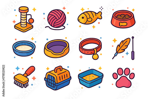 Colorful Cat Icons. Cats. Colorful isometric vector icons set of Cats: scratching post, yarn ball, fish toy, food bowl, milk saucer, cat bed, litter box,