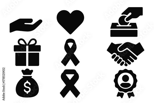Charity Icons Grid. Solid, filled icon set of charity offers: helping hand, heart, donation box, gift box, ribbon, handshake, money bag, volunteer badge.