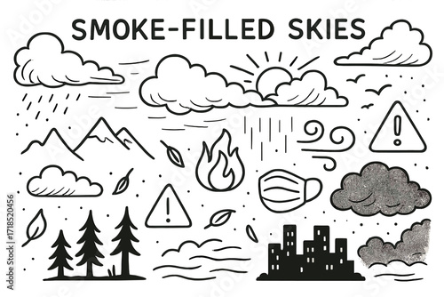 Smoke and Shadows. Hand-drawn doodle illustration Smoke-Filled Skies smoke clouds, haze lines, sun behind smoke, trees in silhouette, fire icon, wind swirl,