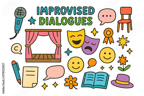 Doodle Stage Performance. Colorful Hand-drawn doodle Children illustration Improvised Dialogues microphone, stage, comedy mask, tragedy mask, paper, pen,