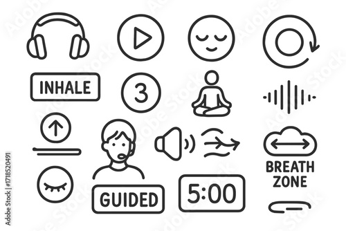 Guided Breathing Icons. Hand-drawn doodle illustration guided breathing session headphones, play icon, calm face, audio wave, inhale guide, countdown timer,