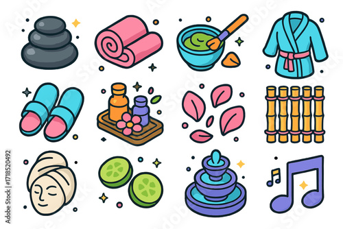 Spa Relaxation Icons. Colorful isometric vector icons set of spa-inspired relaxation: massage stones, rolled towel, facial mask bowl, soft robe, spa slippers,