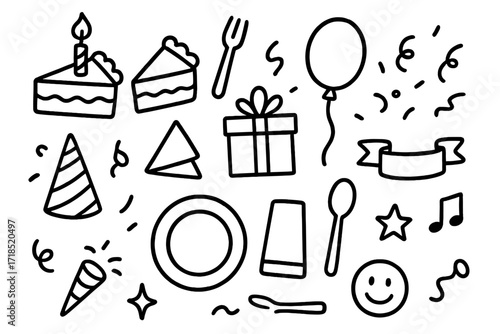 Birthday Celebration Doodles. Hand-drawn doodle illustration birthday pie slice candle, pie slice, fork, balloon, confetti, party hat, gift box, napkin, plate,