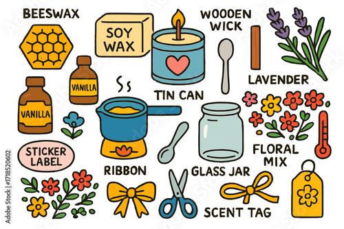 Candle Making Doodles. Colorful Hand-drawn doodle Children illustration Scented Candle Making beeswax, soy wax, tin can, wooden wick, lavender sprig, vanilla