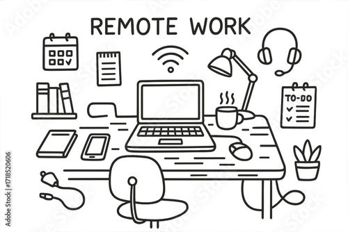 Remote Work Essentials. Hand-drawn doodle illustration [remote work setup] [home desk, laptop, headset, Wi-Fi symbol, calendar, ergonomic chair, notepad, desk