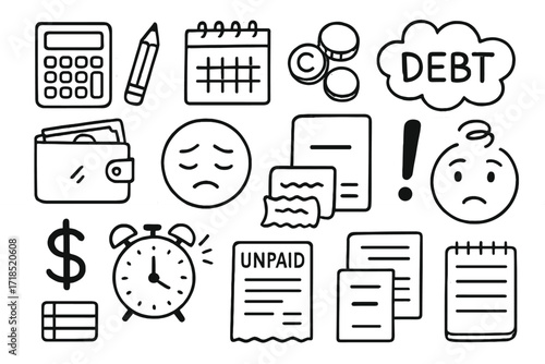 Budgeting Stress Doodle. Hand-drawn doodle illustration budgeting under pressure calculator, pencil, calendar, coins, open wallet, receipt pile, sigh emoji,