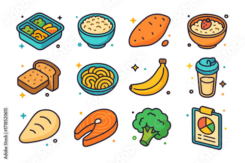 Carb Cycling Icons. Carb cycling. Colorful isometric vector icons set of carb cycling: meal prep container, brown rice bowl, sweet potato, oatmeal, whole grain