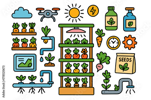 Kids' Vertical Farming Doodles. Colorful Hand-drawn doodle Children illustration Vertical Farming tower garden, plant shelves, grow light, water pipe, drone,