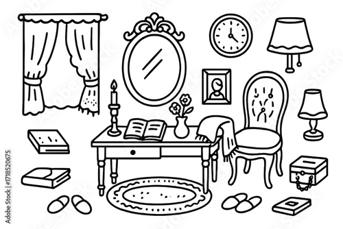 Vintage Mirror Doodle. Hand-drawn doodle illustration Vintage mirror setup [ornate mirror, lace curtain, candle stand, vintage chair, diary, flower vase, rug,