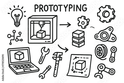 3D Printing Prototyping Icons. Hand-drawn doodle illustration Prototyping with 3D printing 3D printer, prototype model, layered cube, gear, car part, arrow