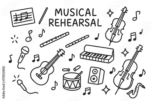 Musical Rehearsal Doodle. Hand-drawn doodle illustration Musical Rehearsal [sheet music, violin, guitar, piano, flute, trumpet, microphone, drum, sparkle,
