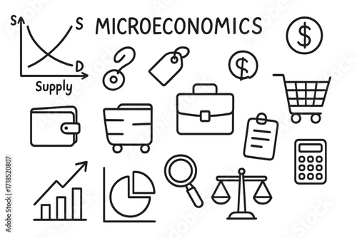 Microeconomics Icons Doodle. Hand-drawn doodle illustration microeconomics symbols supply curve, demand curve, price tag, dollar sign, euro coin, shopping