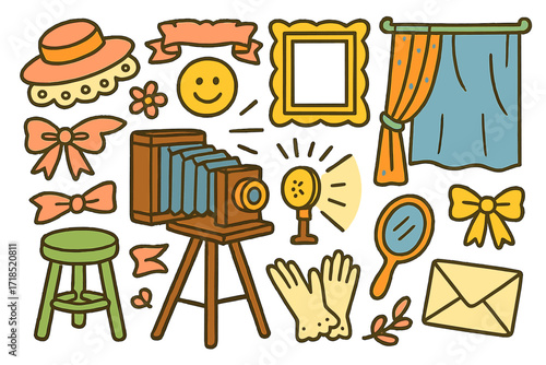 Colorful Studio Doodle. Colorful Hand-drawn doodle Children illustration Antique Photo Studio camera, soft light, hat, lace, frame, curtain, backdrop, ribbon,