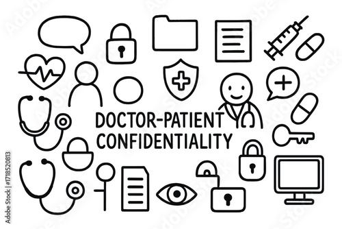 Doctor-Patient Confidentiality Icons. Hand-drawn doodle illustration doctor patient confidentiality stethoscope, patient figure, doctor figure, lock, shield,