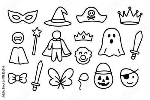 Costumed Party Icons. Hand-drawn doodle illustration Costumed guests [mask, witch hat, vampire teeth, pirate hat, crown, wizard staff, superhero cape, tiara,