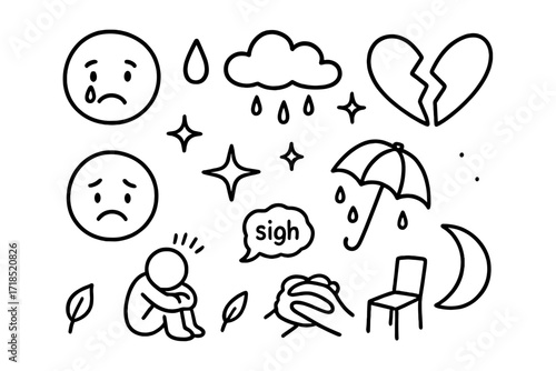 Sadness Symbols Doodle. Hand-drawn doodle illustration Audience sadness [crying face, teardrop, cloud, broken heart, frown, rain, star, sparkle, umbrella,